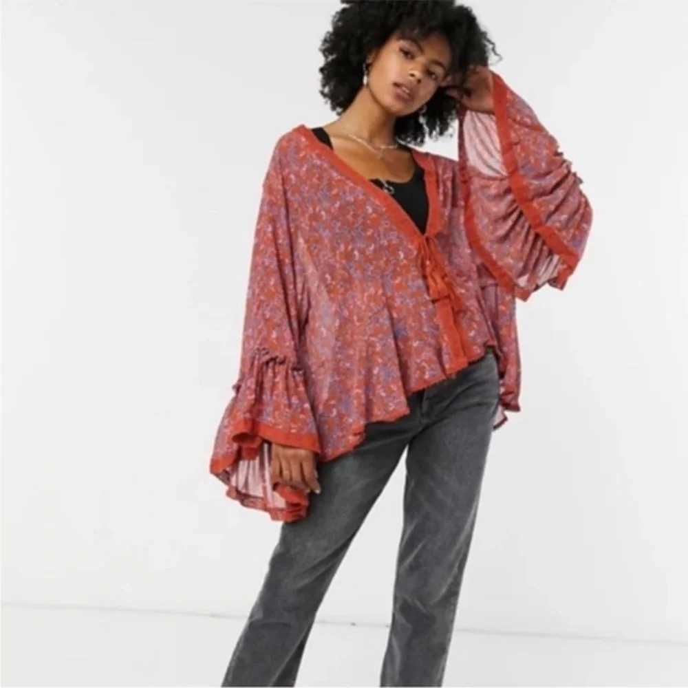 Free People Lola Wild Red Kimono Tassel Tie  Sz Small Relaxed Fit NWT Ret $98